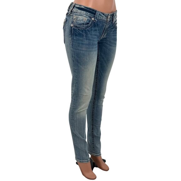 Miss Me Rhinestone Wing Distressed Skinny Jeans | McBling Y2K Early 2010s Tumblr - Picture 5 of 16